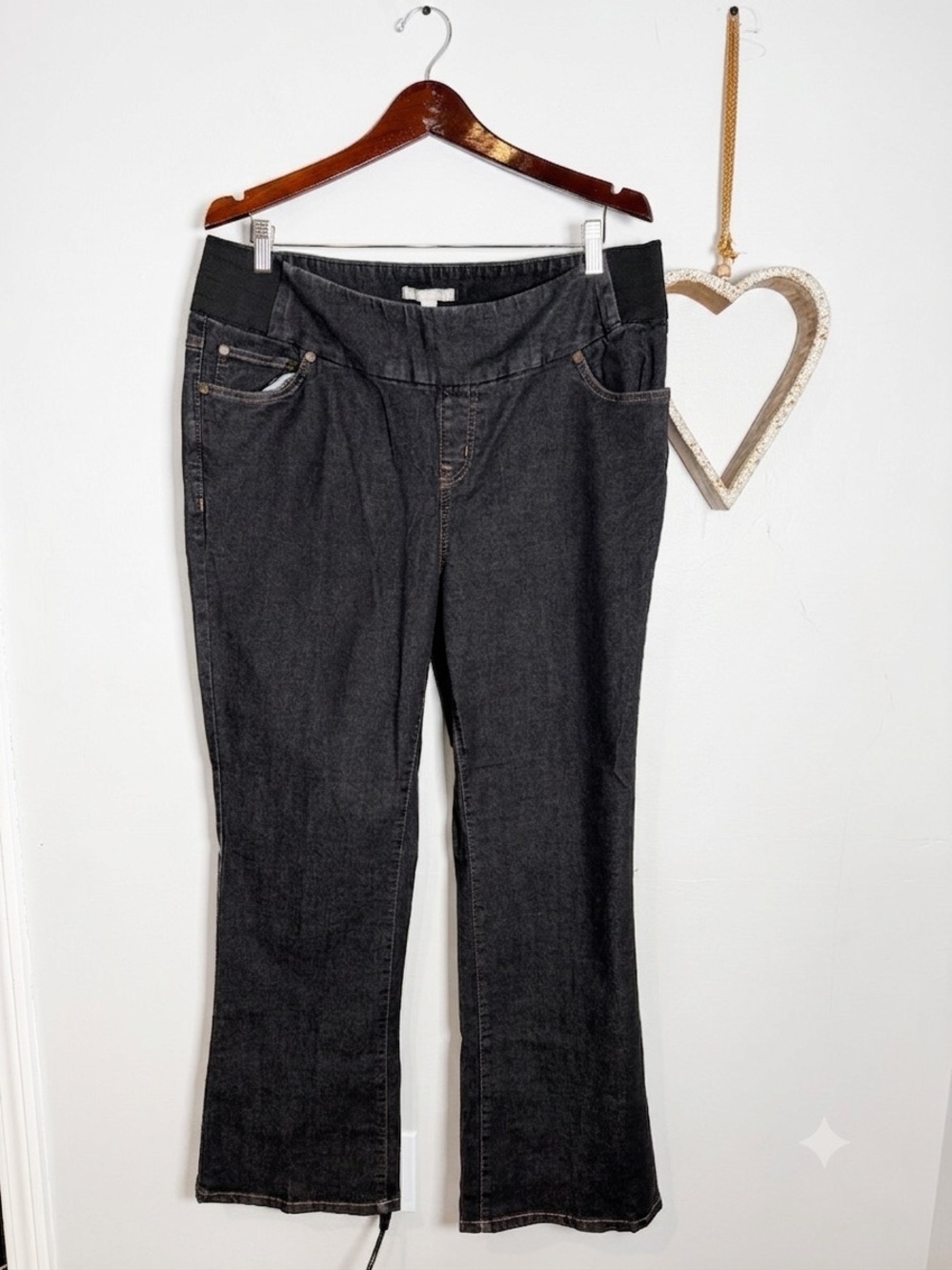Woman Within Pull On Jeans 16W Black Wash Wide Elastic Waist Band Straight Leg